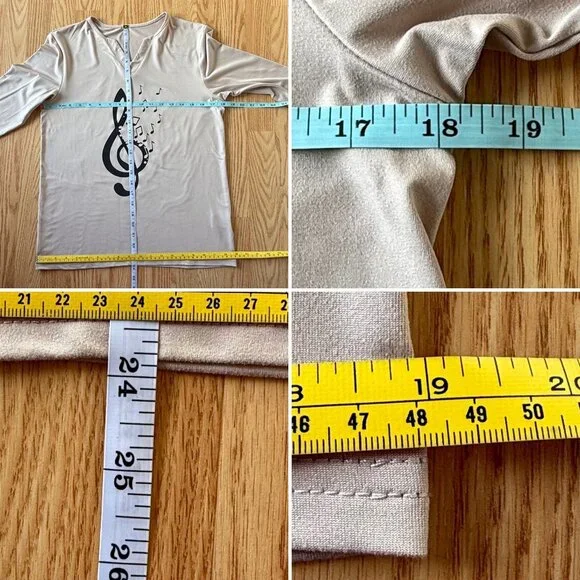 Treble Clef Music Note Top Size S Beige Graphic Shirt 3/4 Length Sleeve Tee - Picture 2 of 8